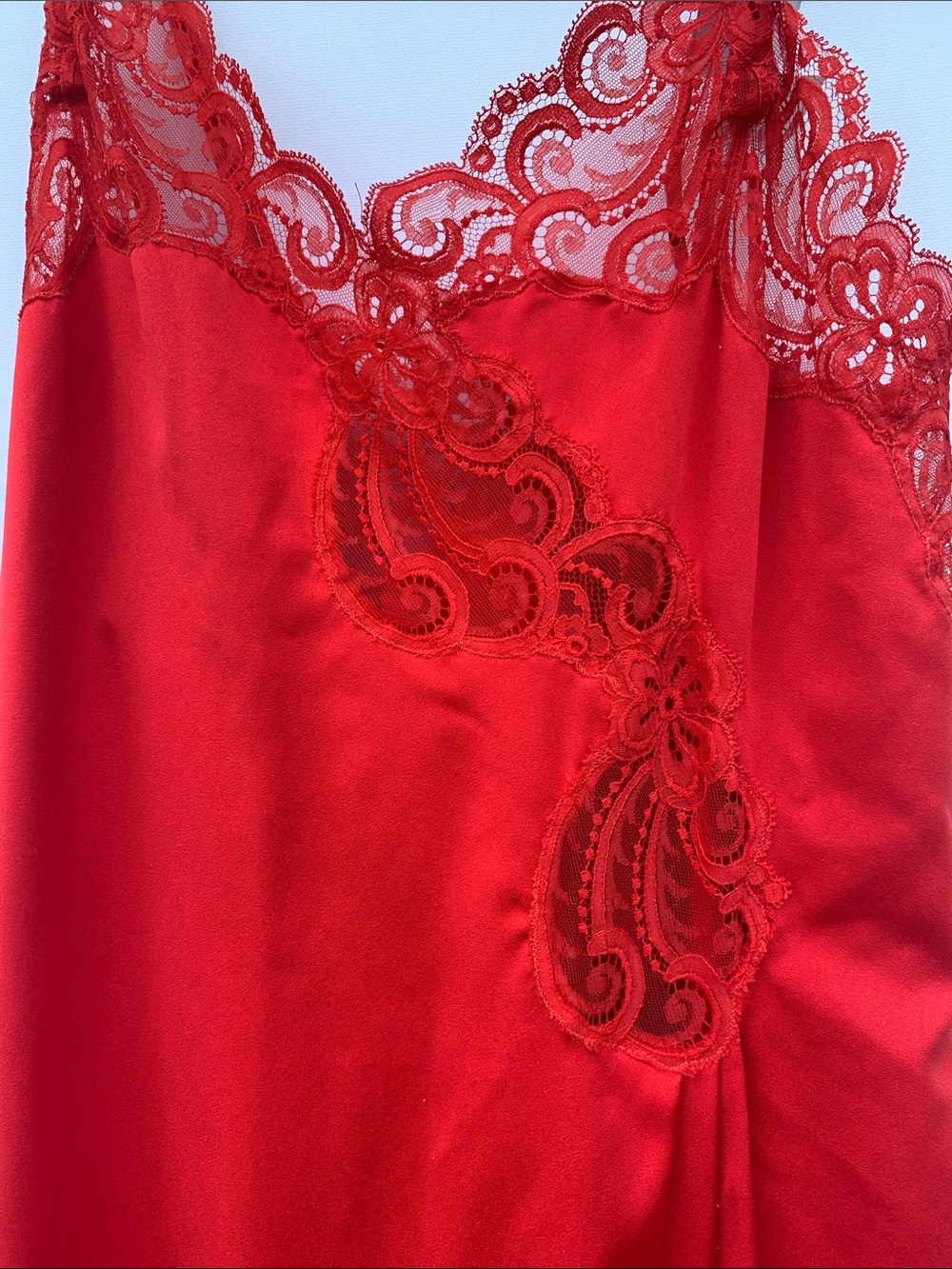 Eve Stillman Vintage Red Satin Evening Gown with Lace Appliqué